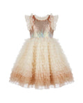 Girls ombre tulle party dress with ruffled sleeves and tiered layered skirt, shimmer bodice