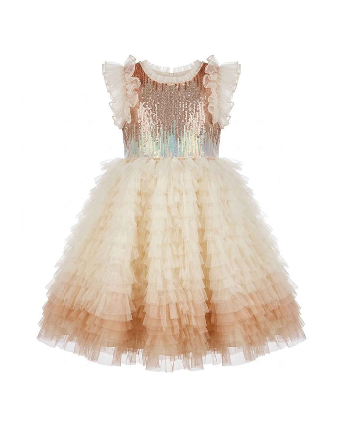 Girls ombre tulle party dress with ruffled sleeves and tiered layered skirt, shimmer bodice