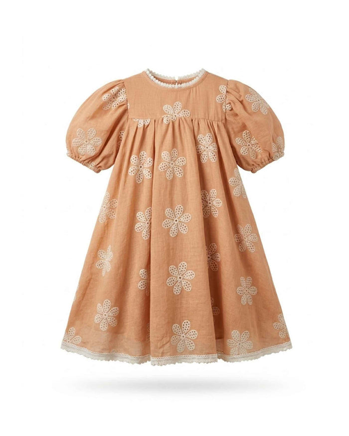 Peach Floral Embroidered Dress for Girls Puff Sleeve Elegant Party Wear Default Title