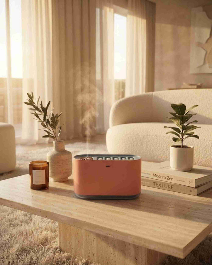 Pink aroma diffuser on a wooden side table with gray vent base
