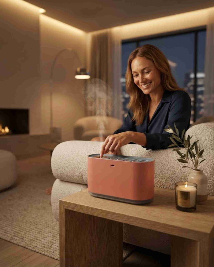 Pink aroma diffuser with top vent on a table, illuminated LED light feature