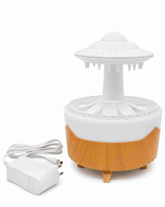 White and wood aroma diffuser with power adapter, handheld mist top