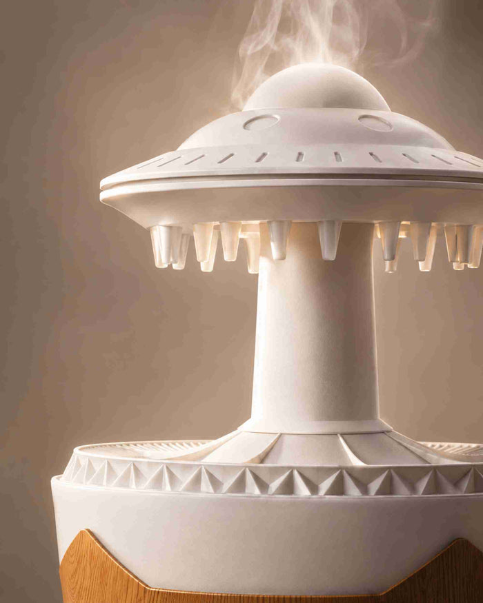 Close-up of white rainfall aroma diffuser top with mist nozzles and LED glow