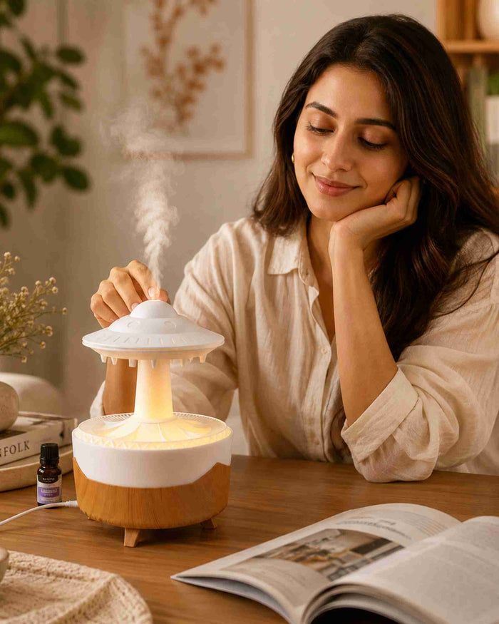 White rainfall aroma diffuser on wood base releasing mist with ambient light