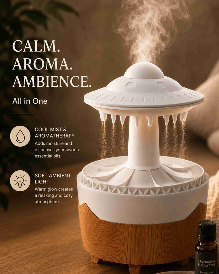 White and wood rainfall aroma diffuser with LED glow and mist outlet