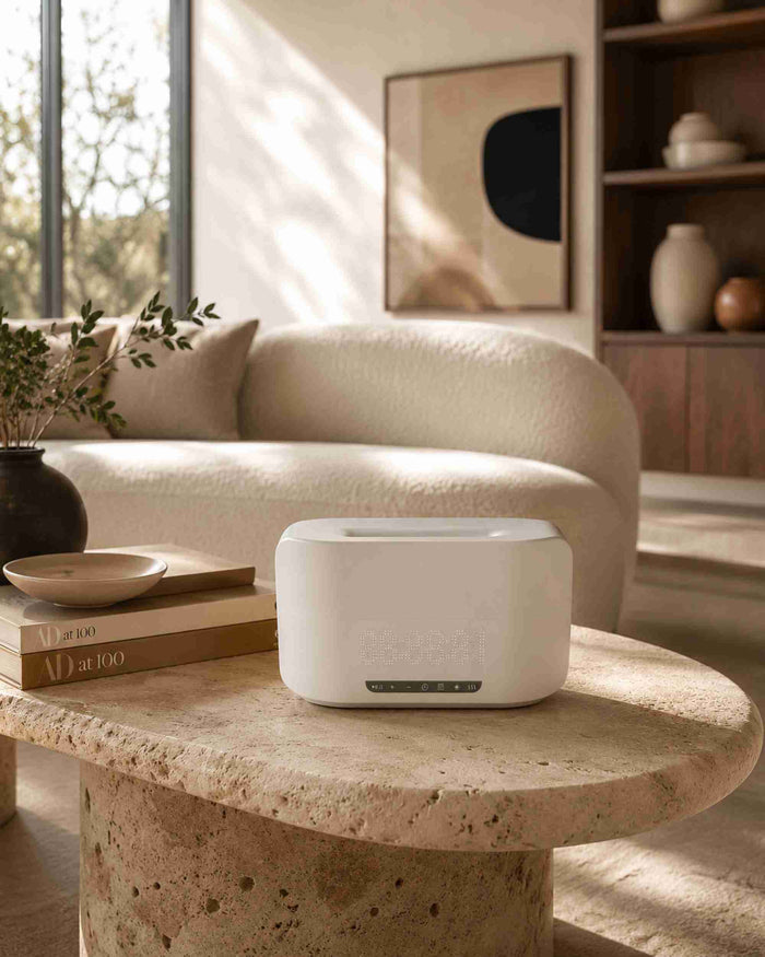 White aroma diffuser on round stone table