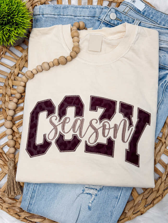 PREORDER: Cozy Season Faux Leather Leopard Embroidered TSHIRT