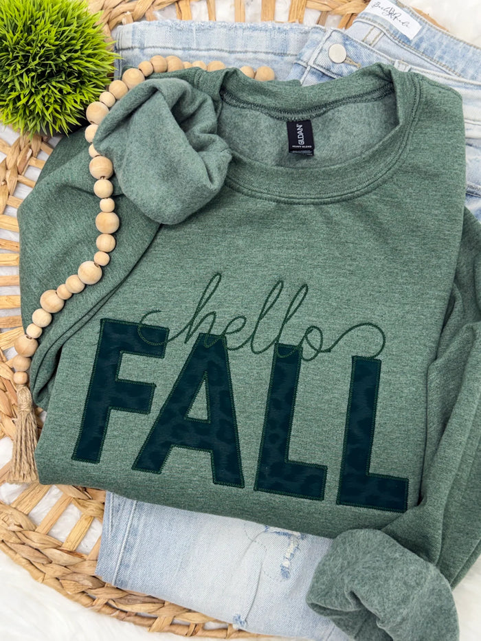PREORDER: Hello Fall Faux Leather Leopard -EMBROIDERED SWEATSHIRT