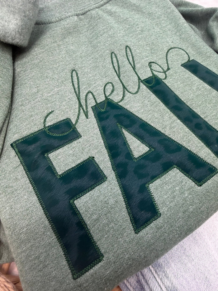 PREORDER: Hello Fall Faux Leather Leopard -EMBROIDERED SWEATSHIRT