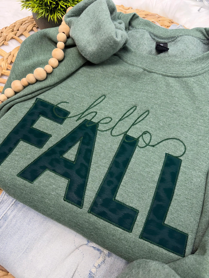 PREORDER: Hello Fall Faux Leather Leopard -EMBROIDERED SWEATSHIRT