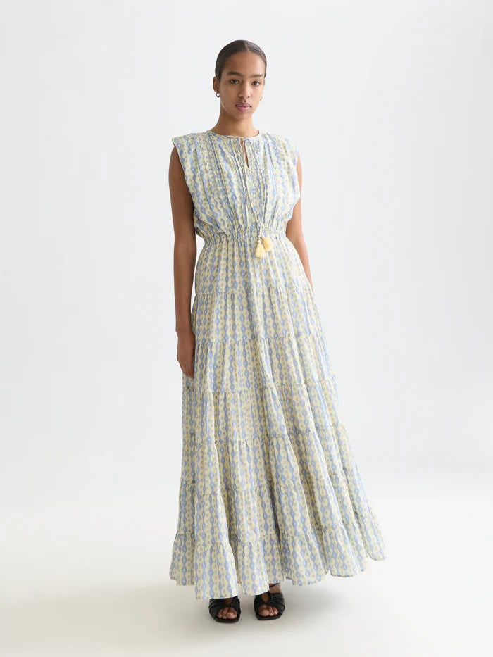 Printed Tiered Maxi Dress Cactus Stripe Placed Raffia