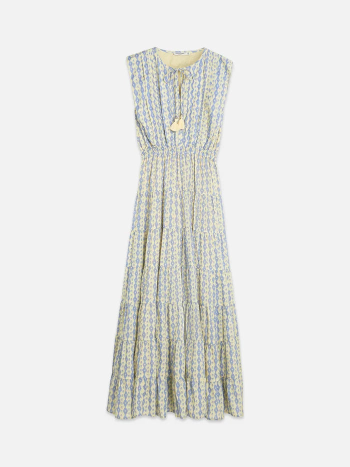 Printed Tiered Maxi Dress Cactus Stripe Placed Raffia