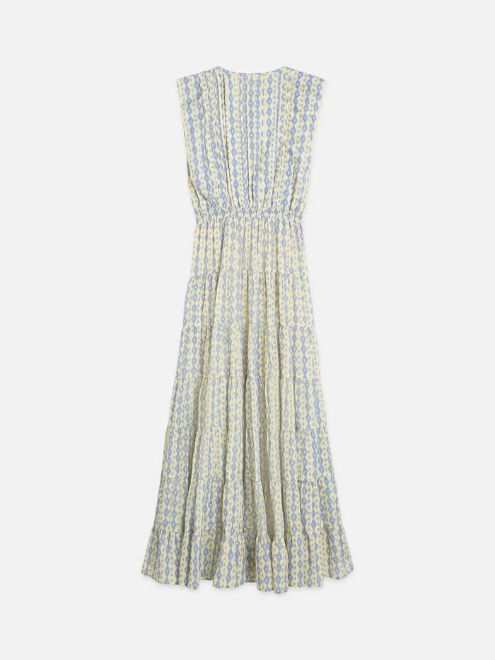 Printed Tiered Maxi Dress Cactus Stripe Placed Raffia