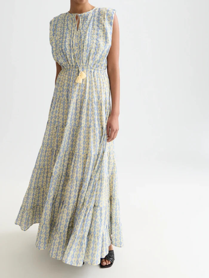 Printed Tiered Maxi Dress Cactus Stripe Placed Raffia
