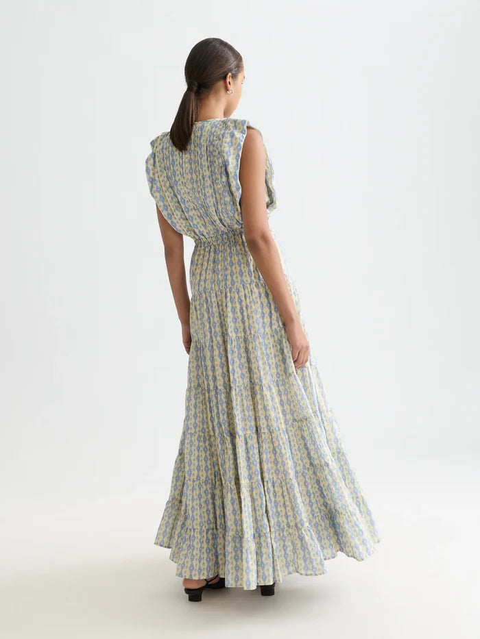 Printed Tiered Maxi Dress Cactus Stripe Placed Raffia