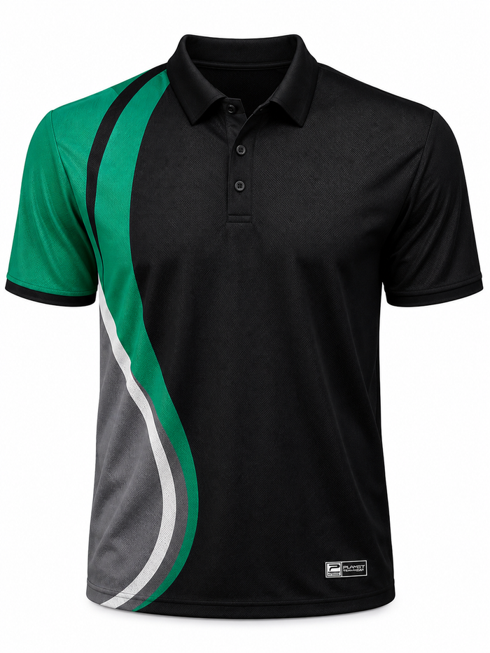 Black polo shirt with green and gray side panels on a white background