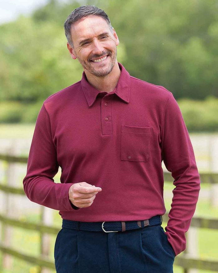 Pure Cotton Jersey Long Sleeved Polo Top - Claret - Country Collection