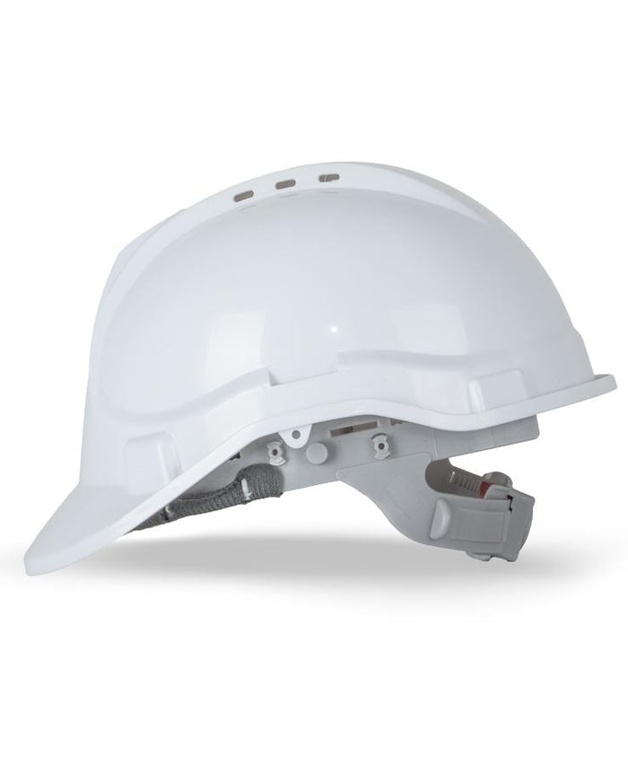 White glossy JB’s Push-Lock safety helmet with gray strap