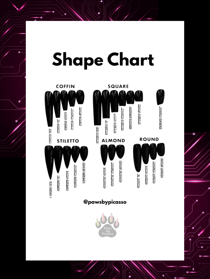 Shape chart for nail shapes with corresponding descriptions on a white background.