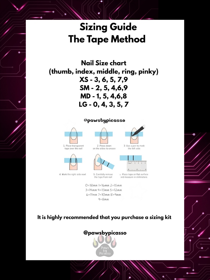 Nail size chart for different finger sizes with a decorative border