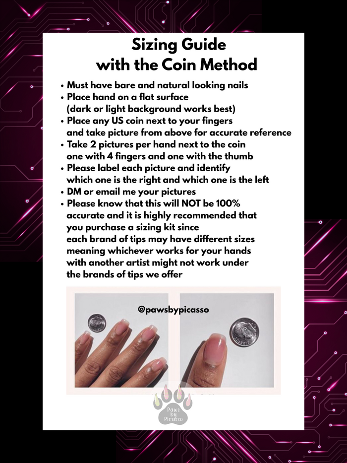 Sizing guide with coin method for nail tips on a dark background
