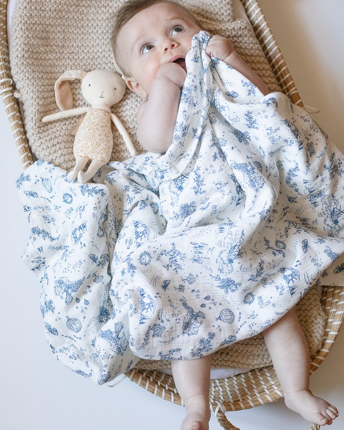 Baby wrapped in a blue-and-white toile blanket.