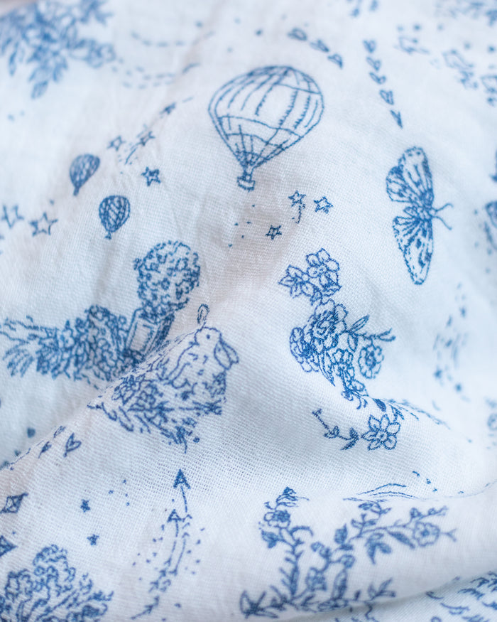 Details of the blue-and-white toile blanket featuring floral motifs, a bunny, a butterfly, hot air balloons, and stars.