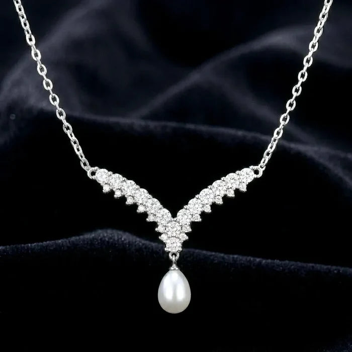 Wedding Jewelry | V-Shape Pearl Drop Bridal Necklace – Silver & Gold