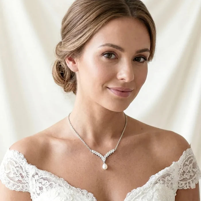Wedding Jewelry | V-Shape Pearl Drop Bridal Necklace – Silver & Gold