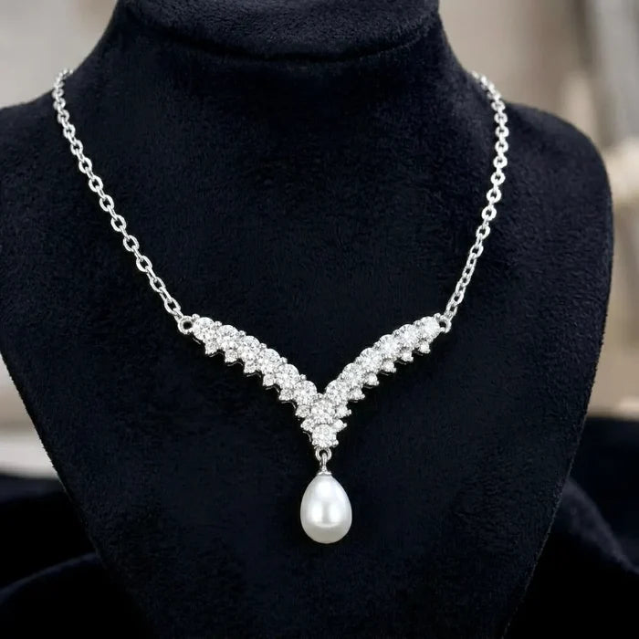 Wedding Jewelry | V-Shape Pearl Drop Bridal Necklace – Silver & Gold