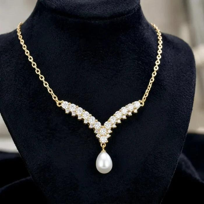 Wedding Jewelry | V-Shape Pearl Drop Bridal Necklace – Silver & Gold