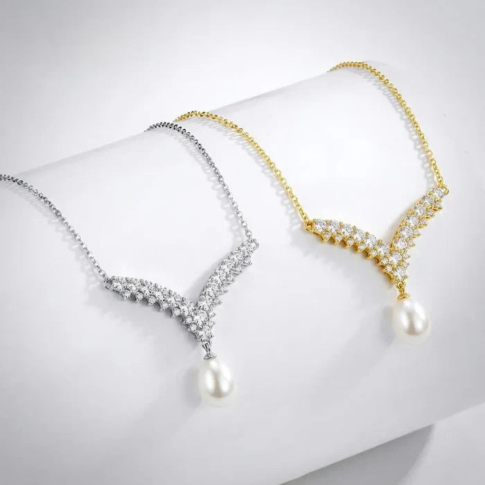 Wedding Jewelry | V-Shape Pearl Drop Bridal Necklace – Silver & Gold