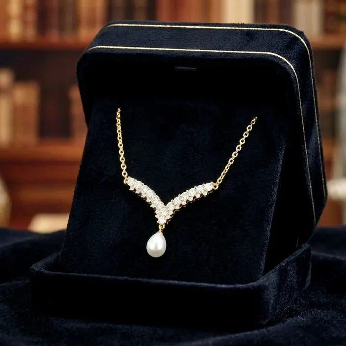 Wedding Jewelry | V-Shape Pearl Drop Bridal Necklace – Silver & Gold