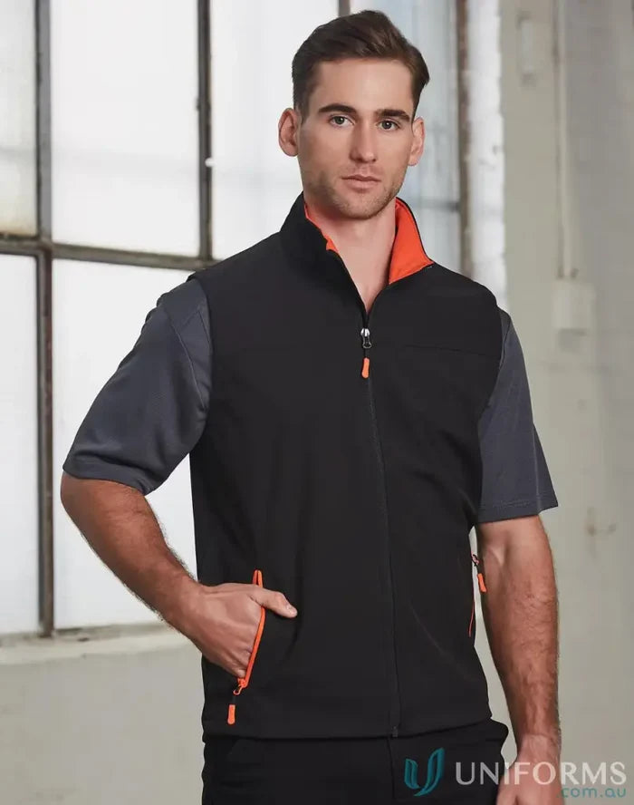 Mens black and grey soft shell vest with orange accents from JK45 Rosewall, perfect for winning spirit