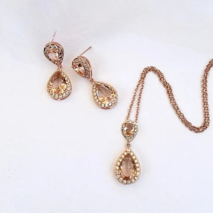 Wedding Jewelry - Champagne CZ Bridal Jewelry Set - Available in Rose Gold, Silver, and Yellow Gold