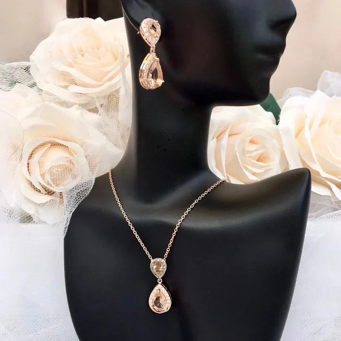 Wedding Jewelry - Champagne CZ Bridal Jewelry Set - Available in Rose Gold, Silver, and Yellow Gold