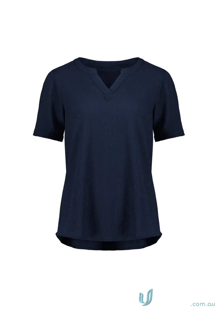 Navy blue ruche short sleeve womens v-neck blouse in high-stretch knit