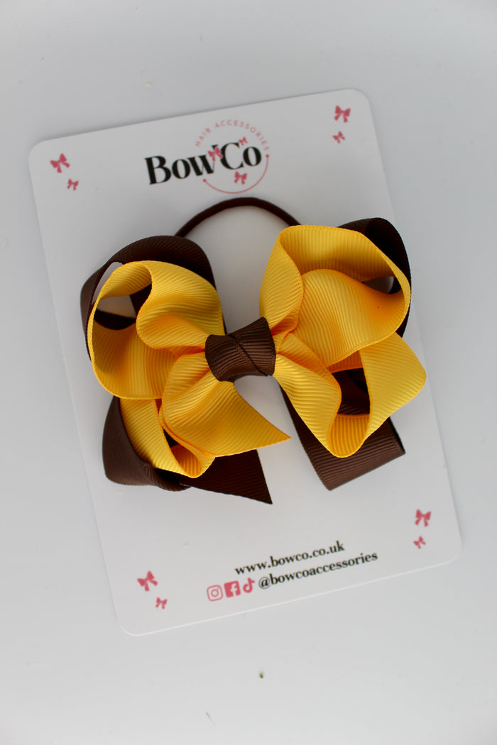 School Bow Brown and Yellow Gold - Double Loop Bow - Elastic
