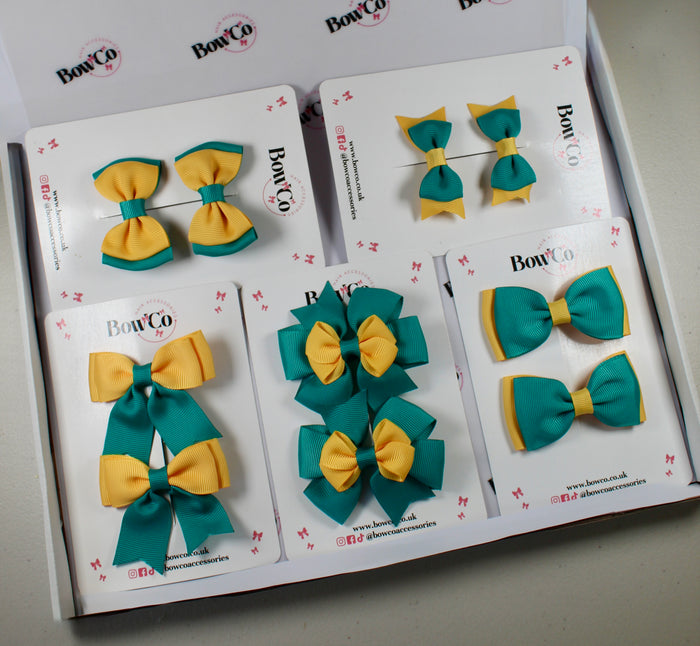School Bow Bundle Saver - 10 Pack - Jade Green and Yellow Gold - Clip