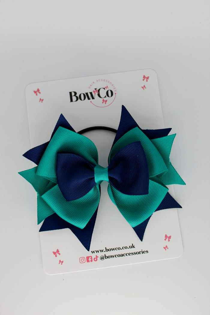 School Bow Jade Green and Navy Blue - Layer Bow - Elastic