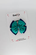 School Bow Jade Green and Navy Blue - Layer Edge Bow - Elastic