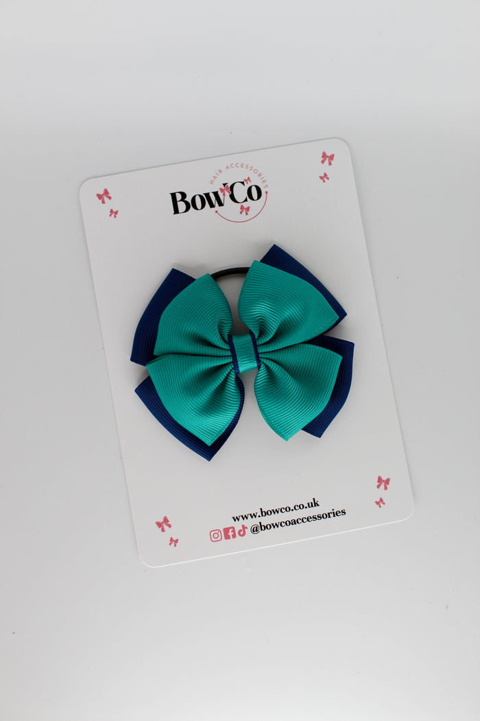 School Bow Jade Green and Navy Blue - Layer Edge Bow - Elastic