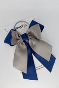 School Bow Navy Blue and Metal Grey - Loop Tail Bow - Elastic