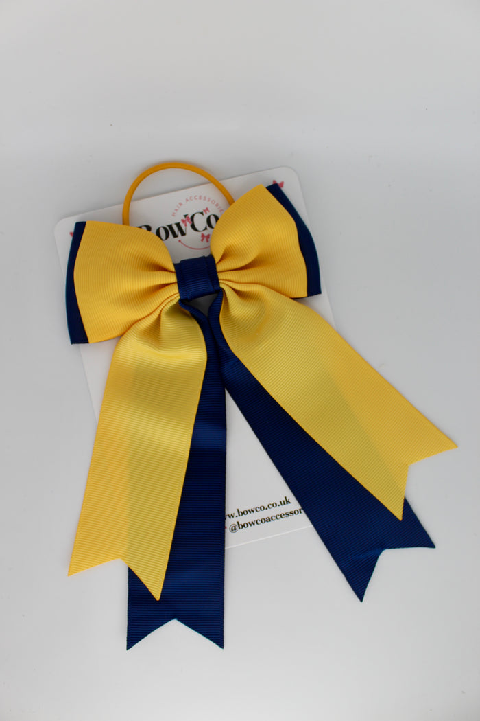 School Bow Navy Blue and Yellow Gold - Classic Tail Bow - Elastic