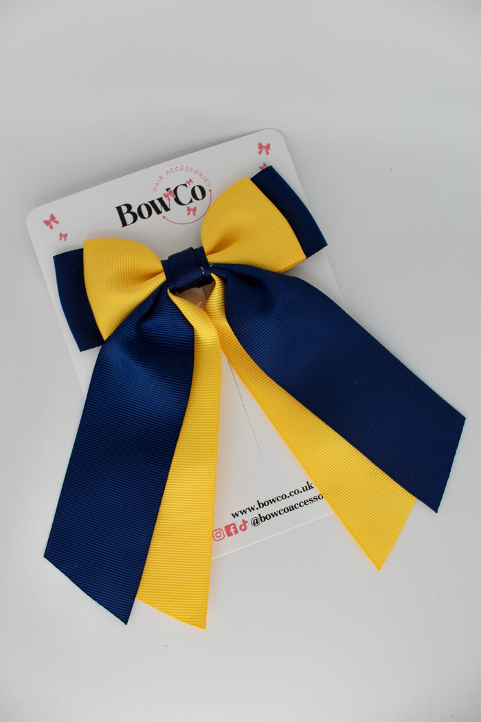 School Bow Navy Blue and Yellow Gold - Double Layer Tail Bow - Clip
