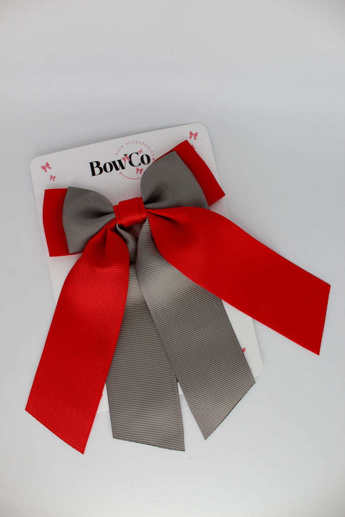 School Bow Red and Metal Grey - Double Layer Tail Bow - Clip