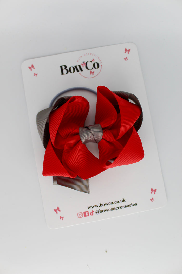 School Bow Red and Metal Grey - Double Loop Bow - Elastic