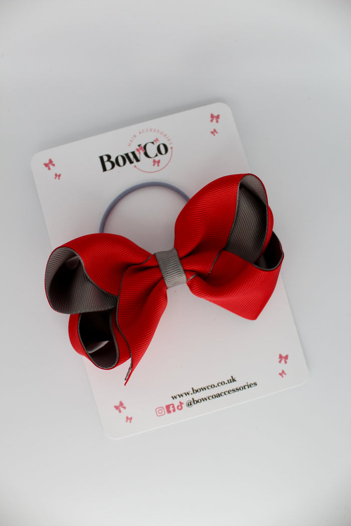 School Bow Red and Metal Grey - Loop Bow - Elastic