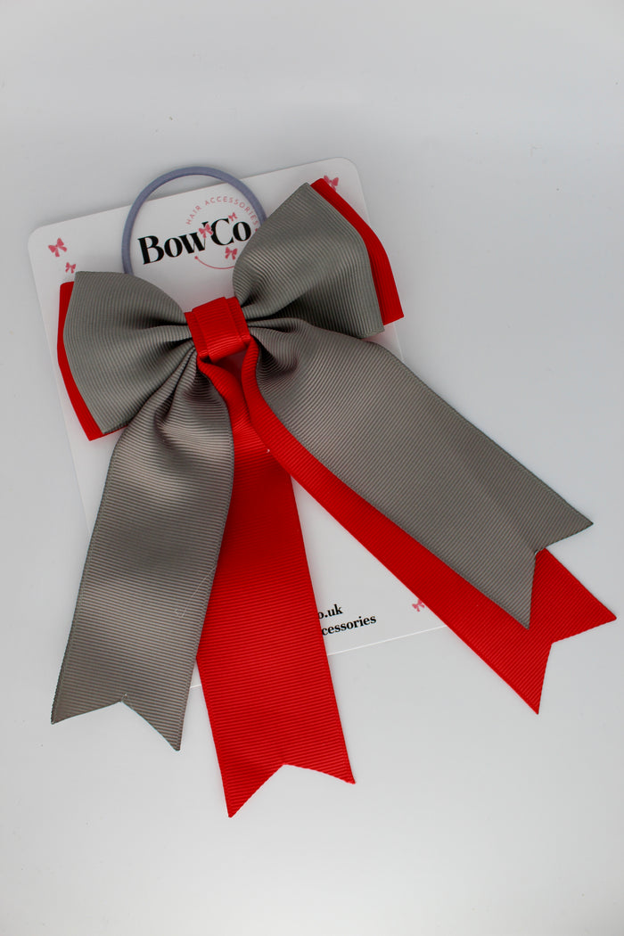 School Bow Red and Metal Grey- Classic Tail Bow - Elastic