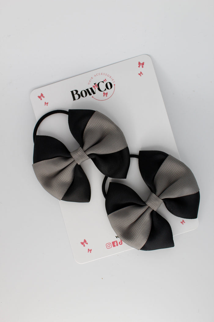 School Bows - Black and Metal Grey - Round Tuxedo Bow Set - Elastic